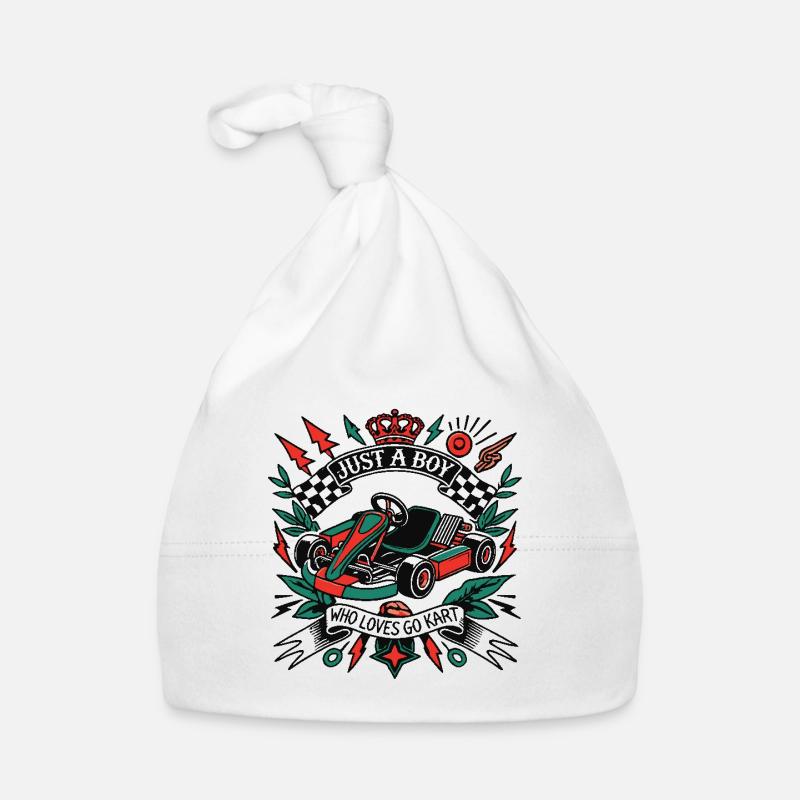 Un garçon qui aime les courses de karting style rétro - Bonnet bio Bébé - blanc