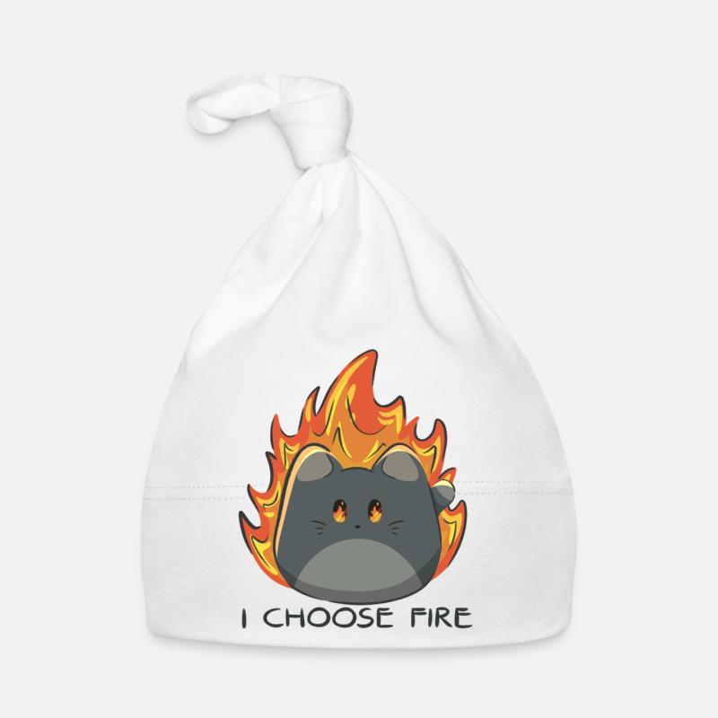 Chat Kawaii avec Feu et Flammes - Bonnet bio Bébé - blanc