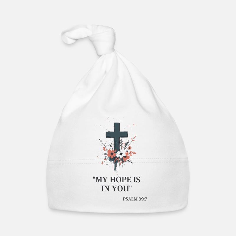 Croix avec Psaume 39:7 : Mon espérance en toi - Bonnet bio Bébé - blanc