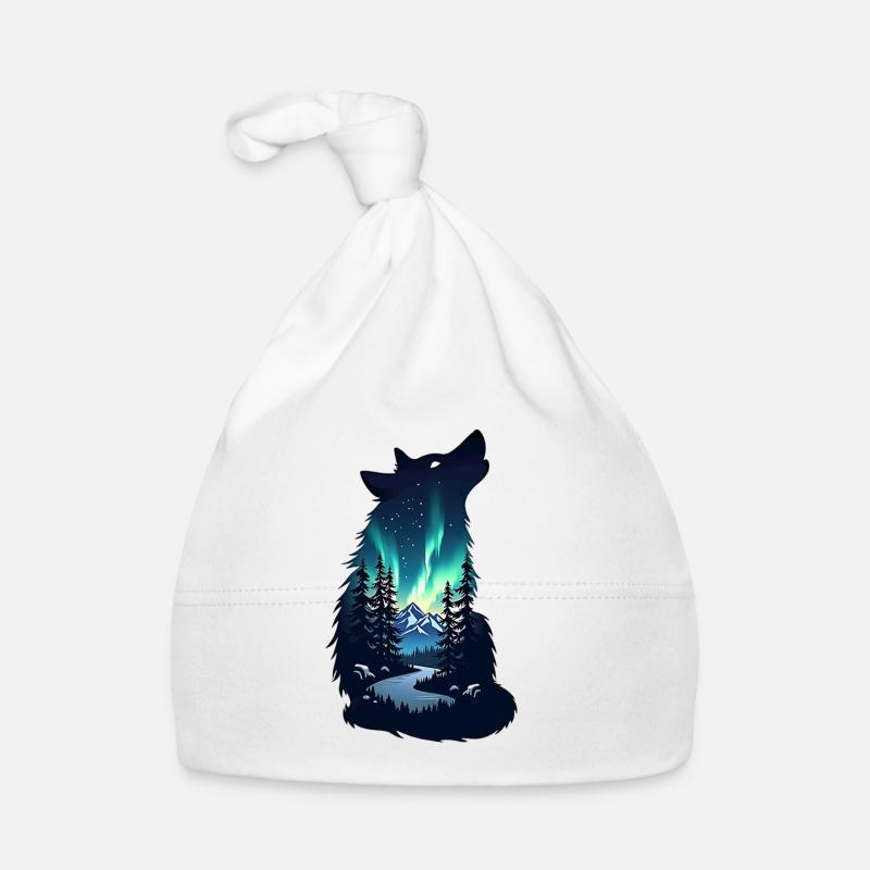 Silhouette de loup de nuit aurores boréales - Bonnet bio Bébé - blanc