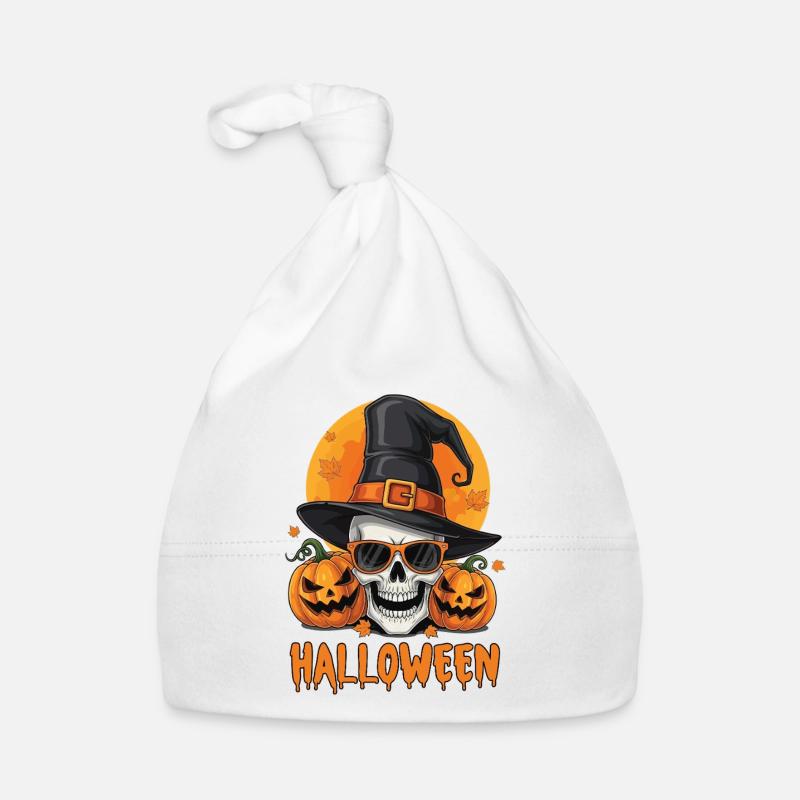 Squelette avec chapeau de sorcière et citrouilles - Bonnet bio Bébé - blanc