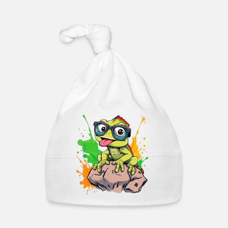 Gecko drôle avec des lunettes et une explosion de couleurs Bonnet bio Bébé