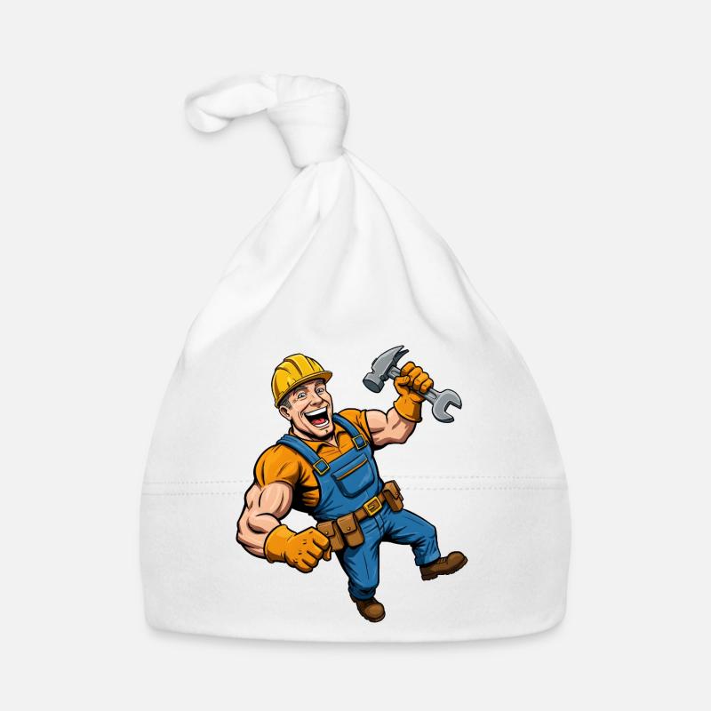 Ouvrier du bâtiment de dessin animé joyeux avec des outils Bonnet bio Bébé