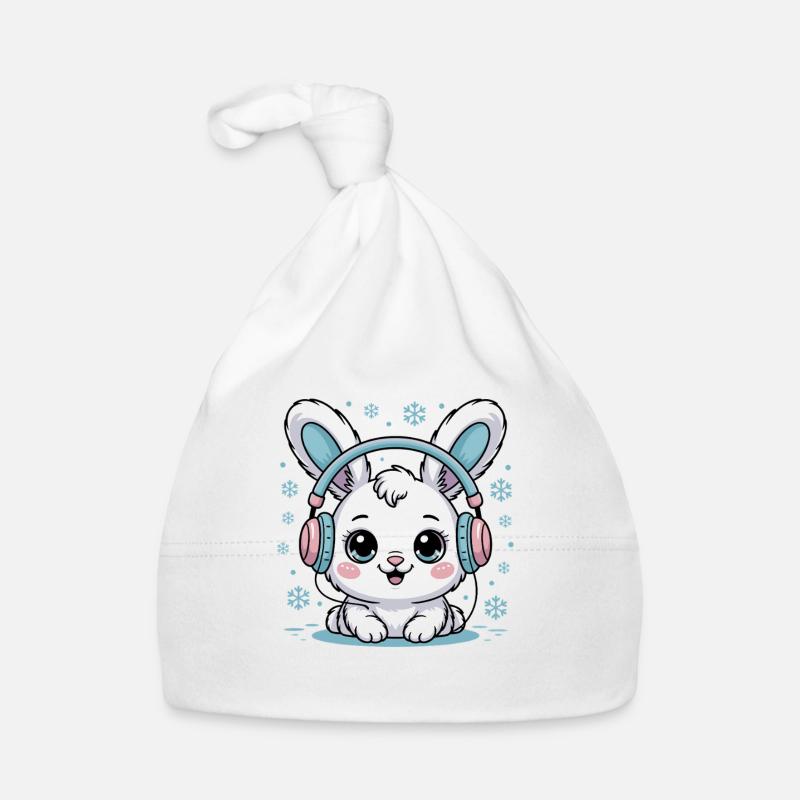 Lapin mignon avec des écouteurs et des flocons de neige Bonnet bio Bébé