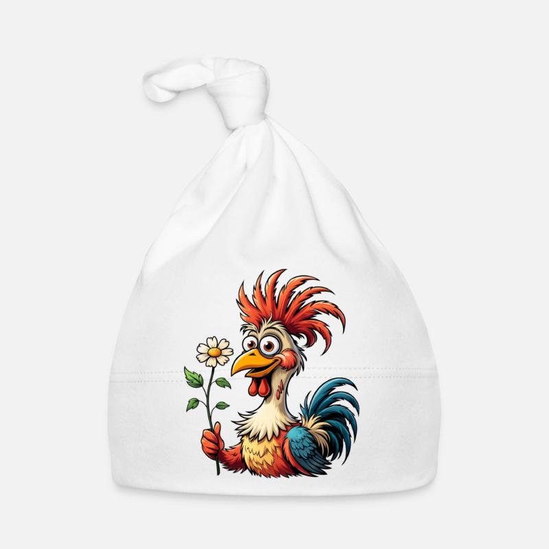 Coq de dessin animé coloré avec fleur de marguerites Bonnet bio Bébé