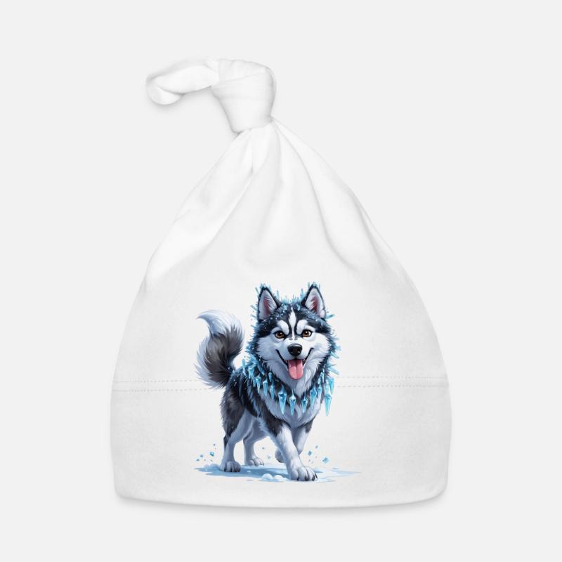 Eis Husky mit Eiskristallkette - Baby Bio-Mütze - Weiß