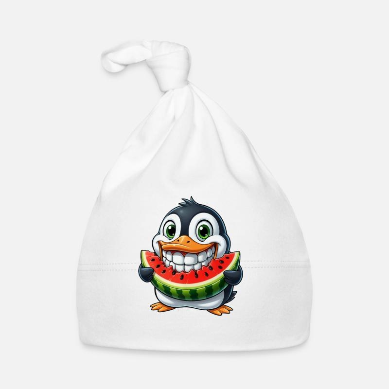 Pingouin joyeux avec pastèque fruit d’été Bonnet bio Bébé