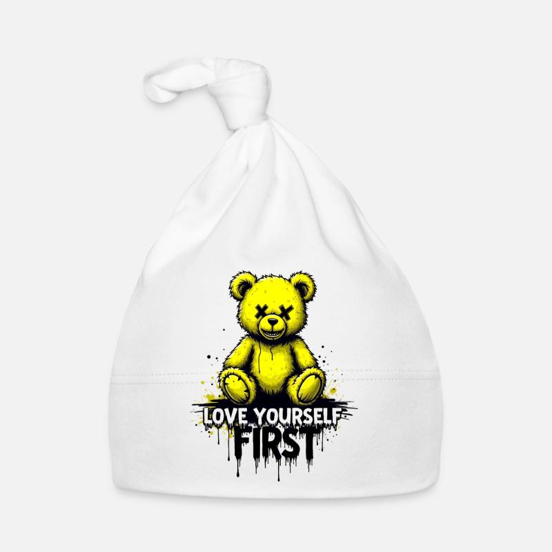 Love Yourself First Teddy Bear Graffiti - Organic Baby Cap - white