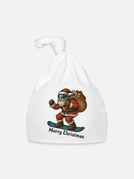 Santa Snowboard Merry Christmas - Baby Bio-Mütze - Weiß - Vorne