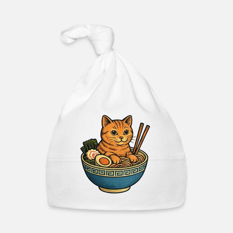 Chat drôle dans un bol de ramen Soupe de nouilles chats - Bonnet bio Bébé - blanc
