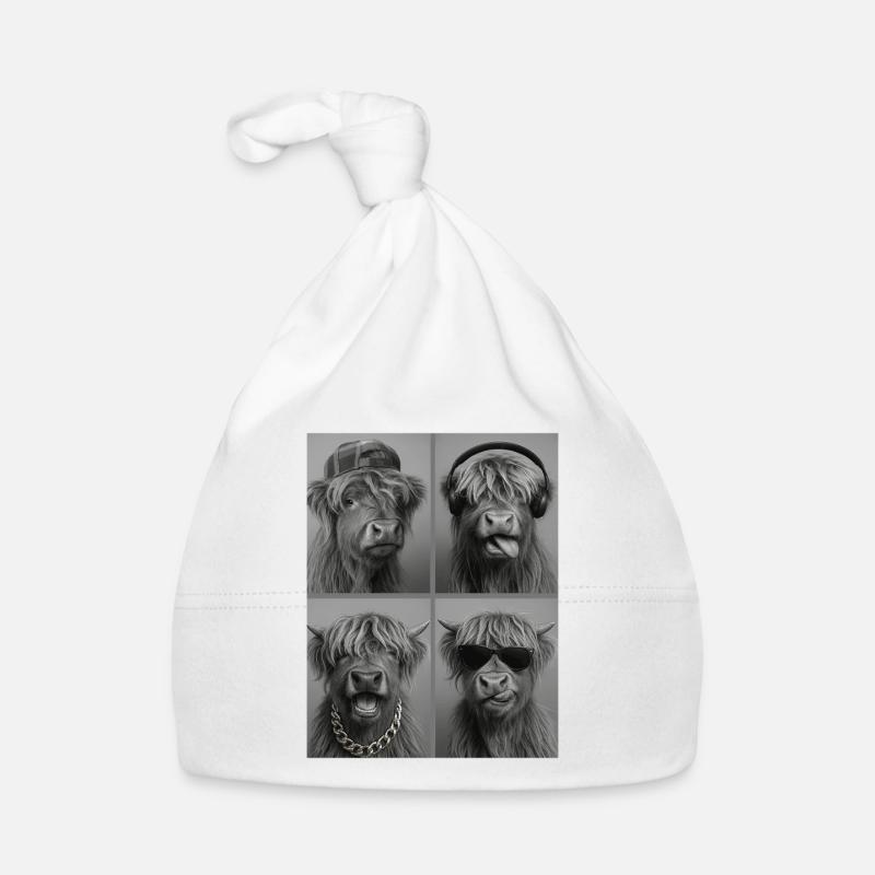 Collage des quatre visages de la vache du bœuf Highland - Bonnet bio Bébé - blanc