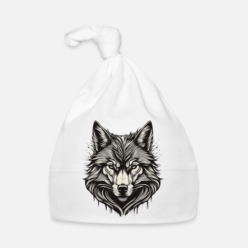 Tête de loup encre gravée - Bonnet bio Bébé - blanc
