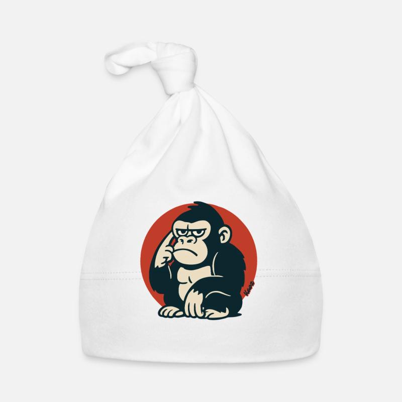 Pensive Monkey in Retro Style - Organic Baby Cap - white