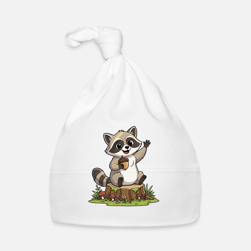 Waschbär am Waldbank mit Eichel Baby Bio-Mütze