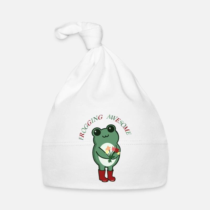 Frogging Awesome – Grenouille mignonne avec des fleurs - Bonnet bio Bébé - blanc