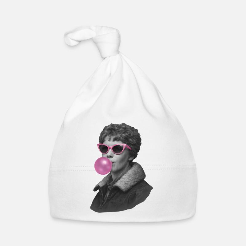 Amelia Earhart with pink sunglasses and bubblegum Organic Baby Cap