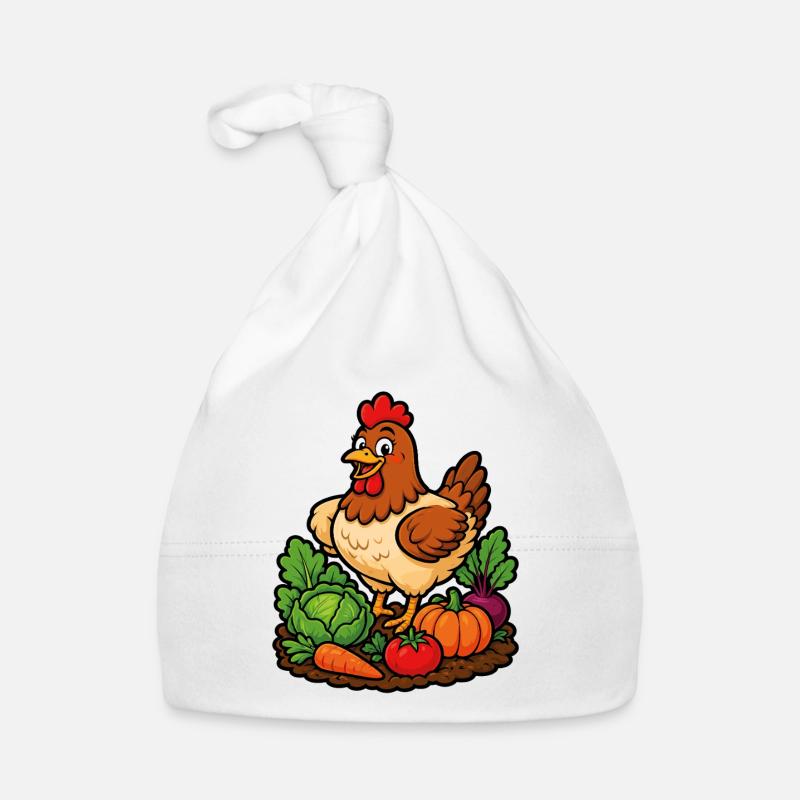 Poule joyeuse dans le potager Bonnet bio Bébé