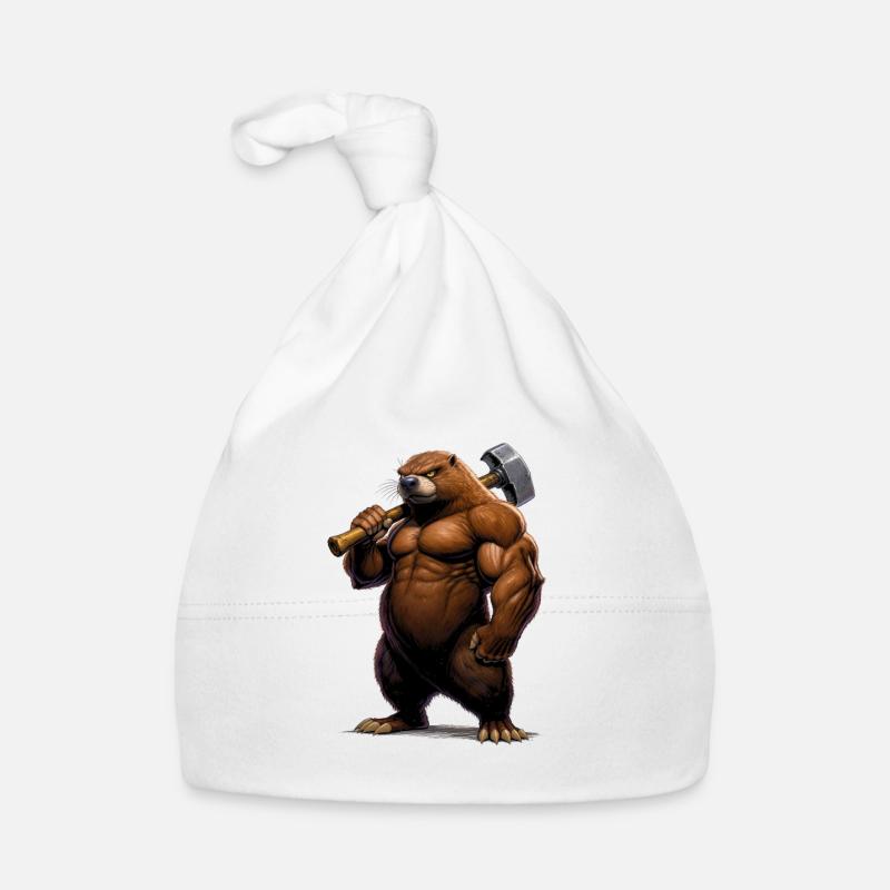 Taupe comique musclée avec marteau - Bonnet bio Bébé - blanc
