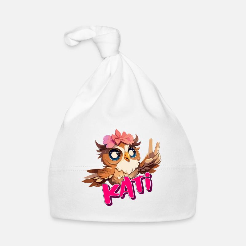 KATI - Schöner Mädchen Name mit süßer EULE Baby Bio-Mütze