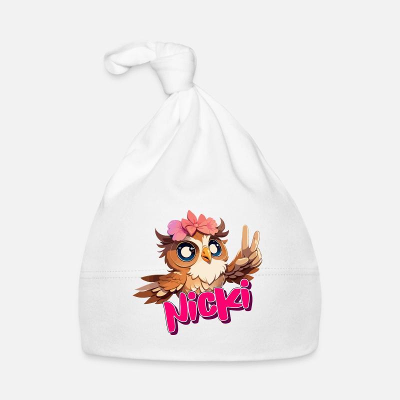NICKI - Schöner Mädchen Name mit süßer EULE Baby Bio-Mütze