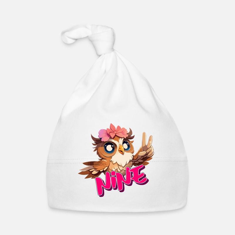 NINE - Schöner Mädchen Name mit süßer EULE Baby Bio-Mütze