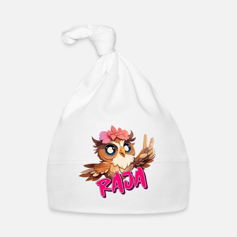 RAJA - Schöner Mädchen Name mit süßer EULE Baby Bio-Mütze
