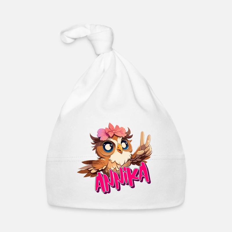 ANNIKA - Schöner Mädchen Name mit süßer EULE Baby Bio-Mütze