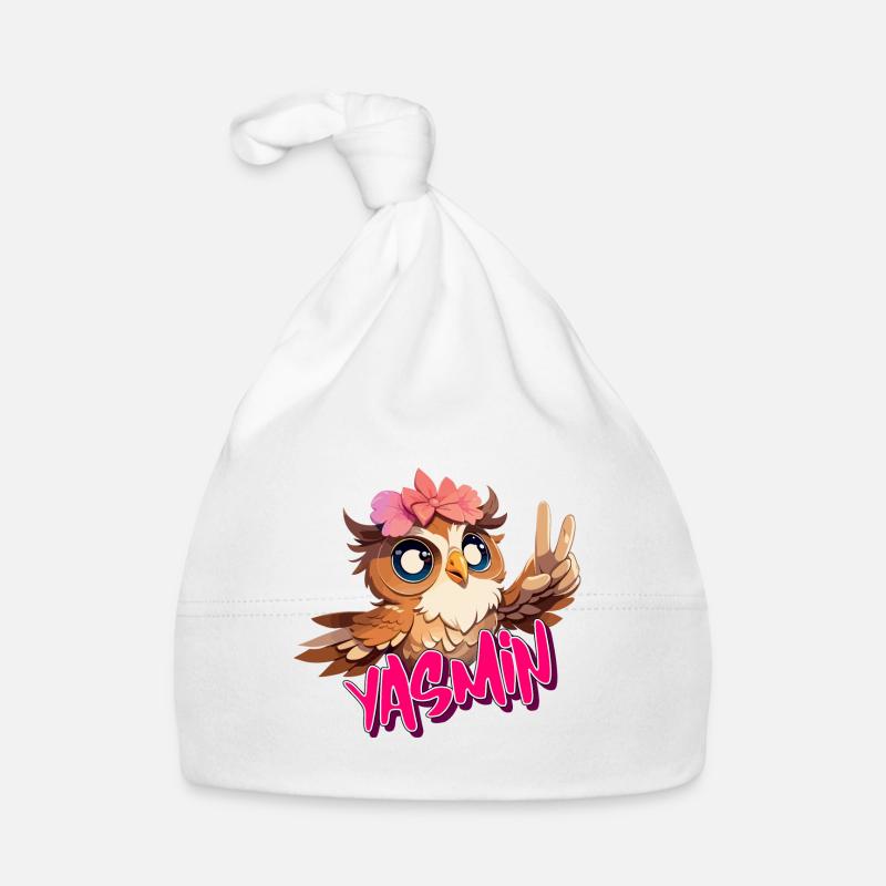 YASMIN - Schöner Mädchen Name mit süßer EULE Baby Bio-Mütze