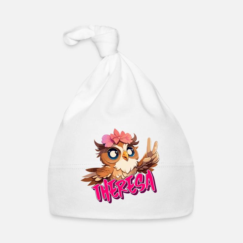 THERESA - Schöner Mädchen Name mit süßer EULE Baby Bio-Mütze