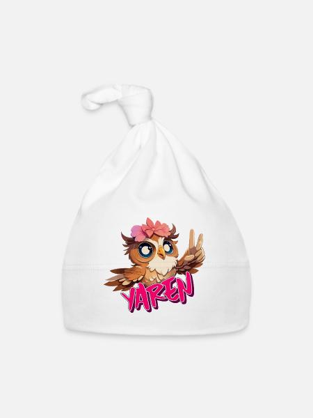 YAREN - Beau nom de fille avec un hibou mignon - Bonnet bio Bébé - blanc - Devant