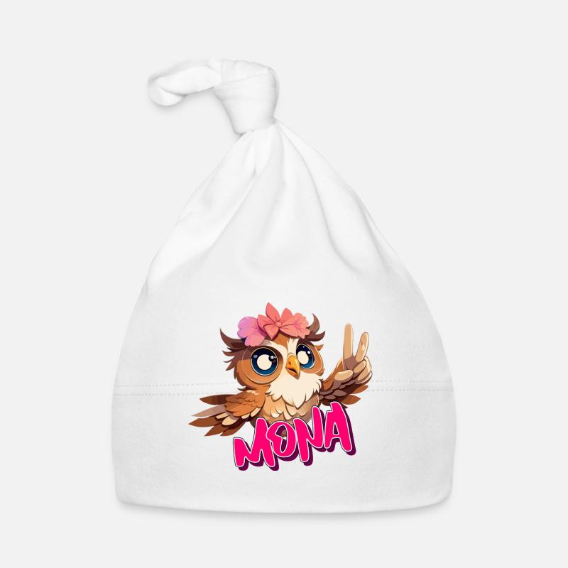 MONA - Schöner Mädchen Name mit süßer EULE Baby Bio-Mütze