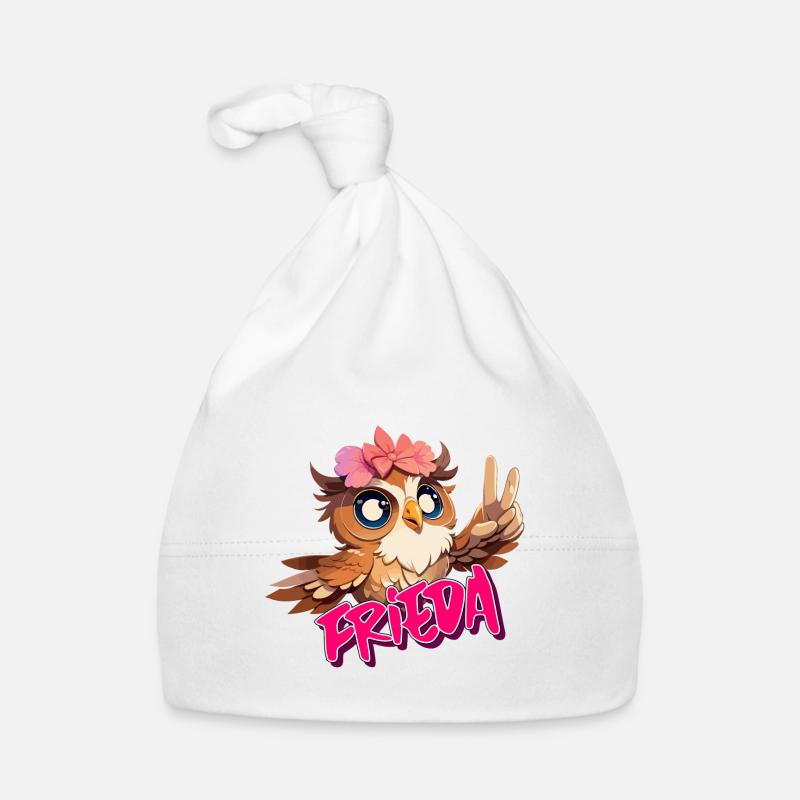 FRIEDA - Schöner Mädchen Name mit süßer EULE Baby Bio-Mütze