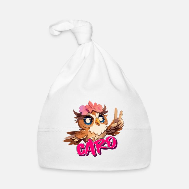 CARO - Schöner Mädchen Name mit süßer EULE Baby Bio-Mütze