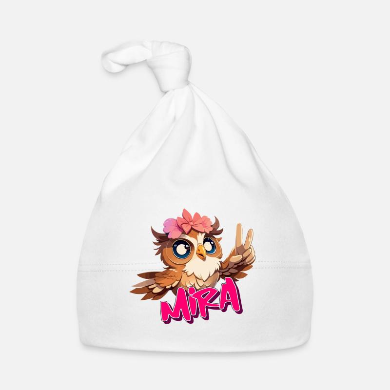 MIRA - Schöner Mädchen Name mit süßer EULE Baby Bio-Mütze