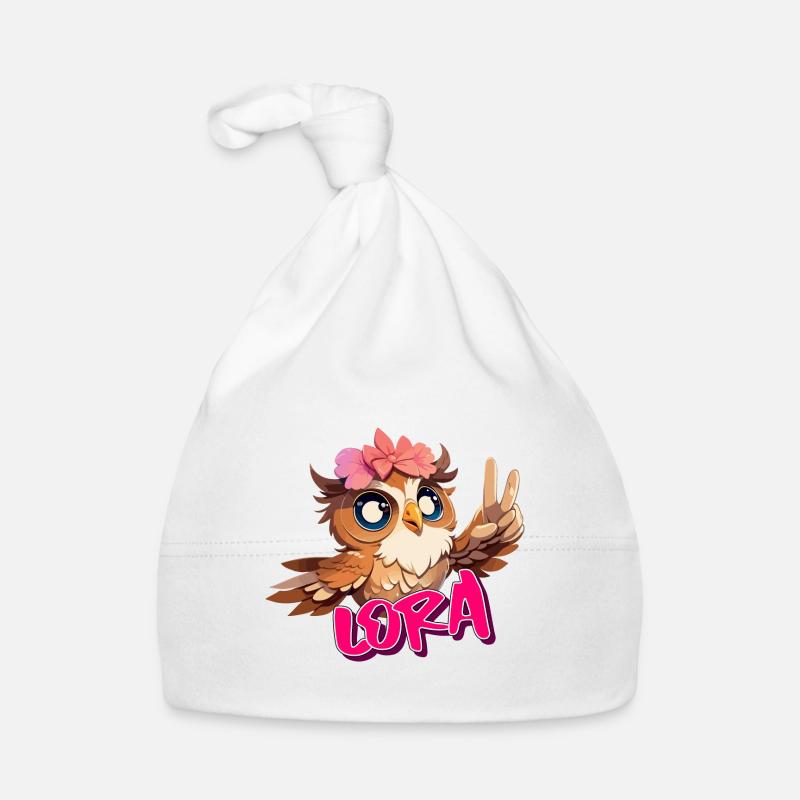 LORA - Schöner Mädchen Name mit süßer EULE Baby Bio-Mütze