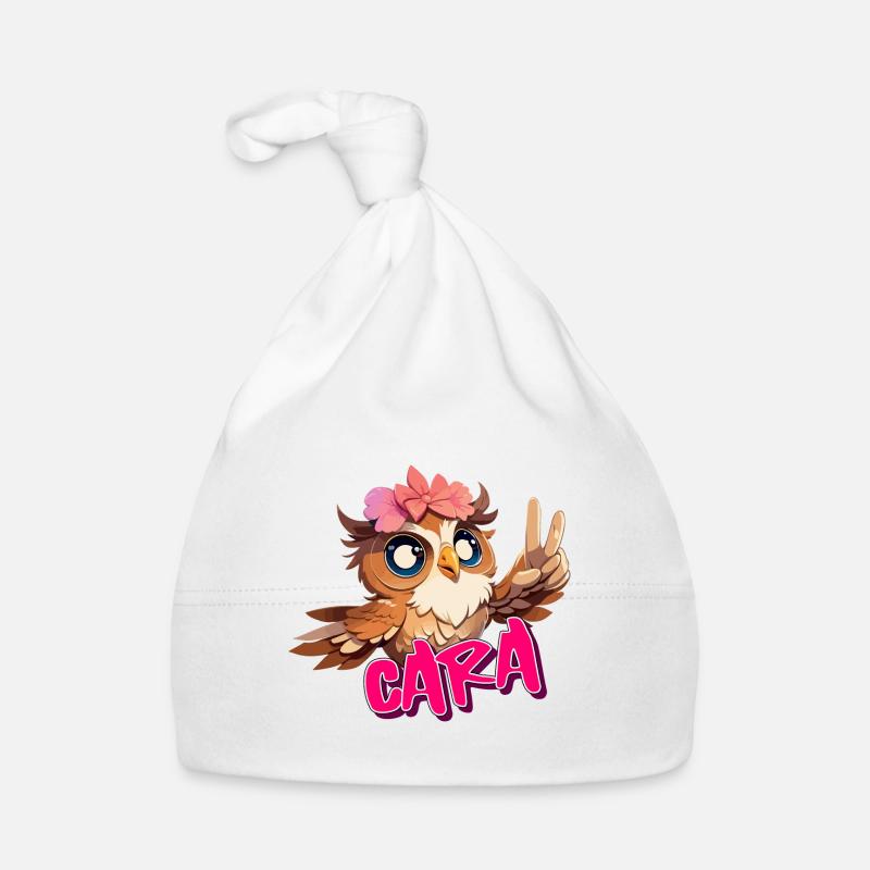 CARA - Schöner Mädchen Name mit süßer EULE Baby Bio-Mütze