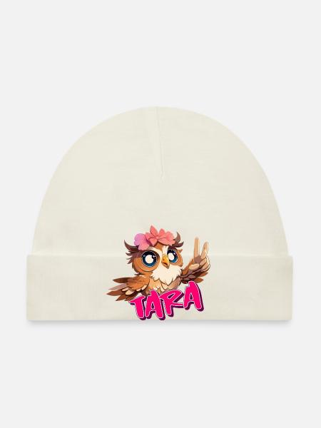 TARA - Beau nom de fille avec hibou mignon - Bonnet bio Bébé - blanc - Devant