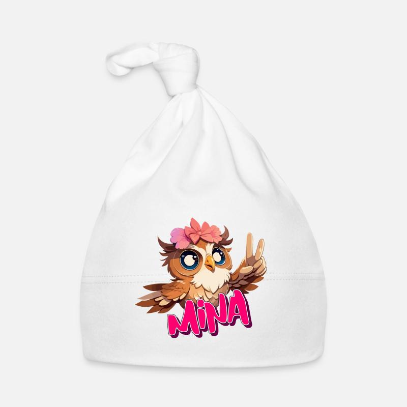 MINA - Schöner Mädchen Name mit süßer EULE Baby Bio-Mütze