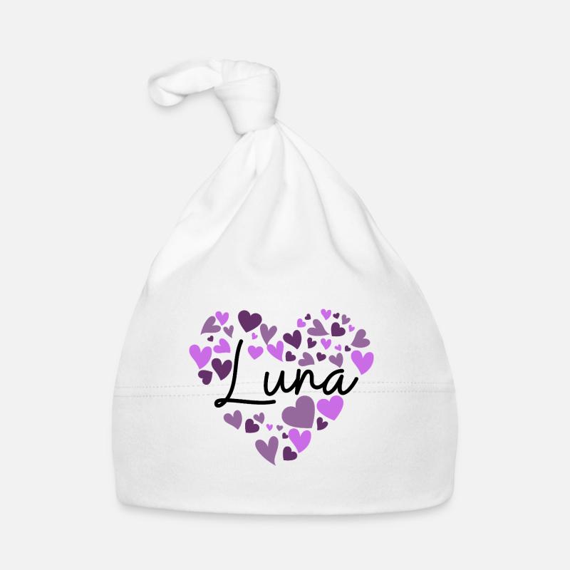 Luna Name Design avec des cœurs violets en forme de cœur Bonnet bio Bébé