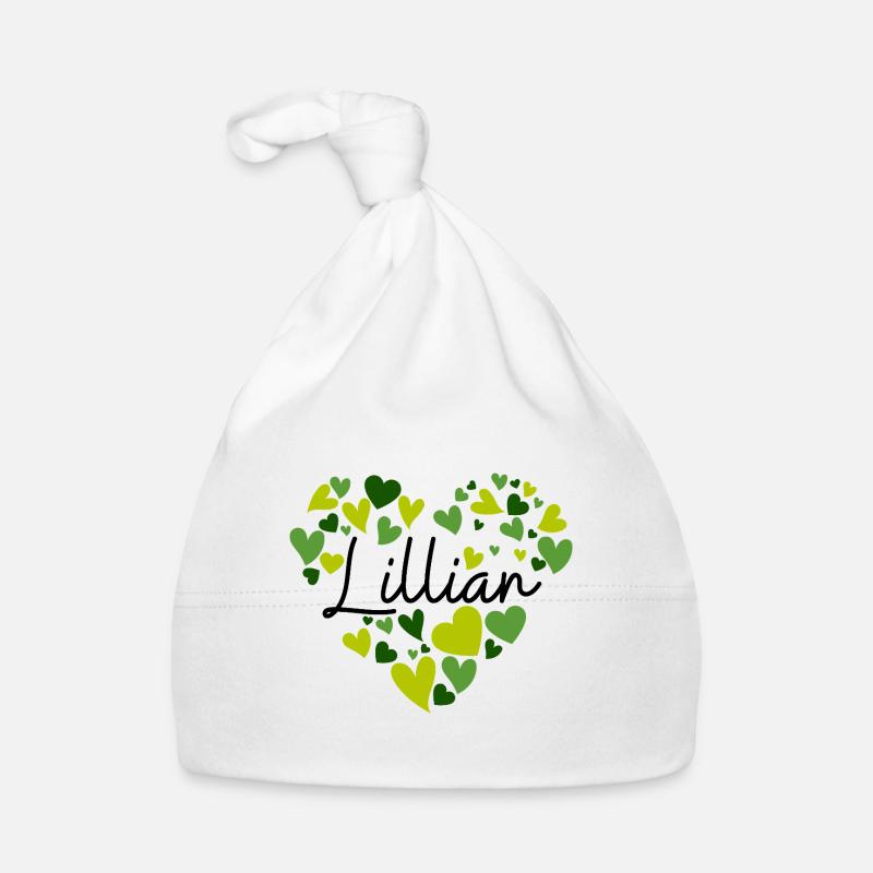 Conception du nom de Lillian avec des cœurs verts en forme de cœur Bonnet bio Bébé
