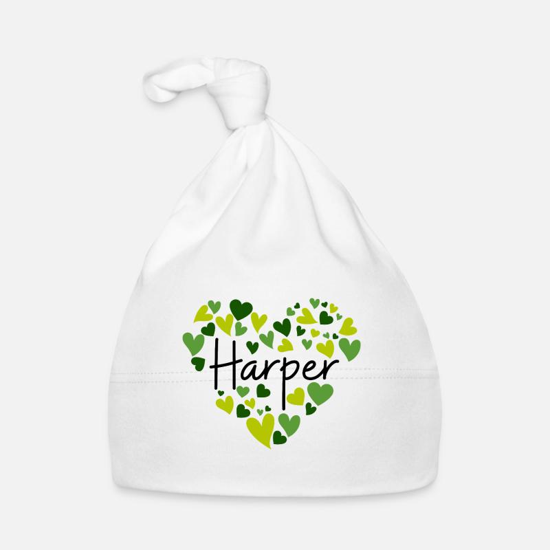Conception du nom Harper avec des cœurs verts en forme de cœur Bonnet bio Bébé