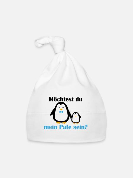 Willst du mein Pate sein? – Süßes Pinguin-Design - Baby Bio-Mütze - Weiß - Vorne
