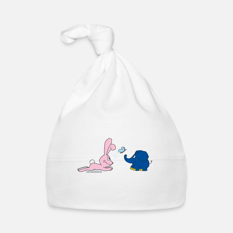 Elephant and Rabbit with Butterfly - Organic Baby Cap - white