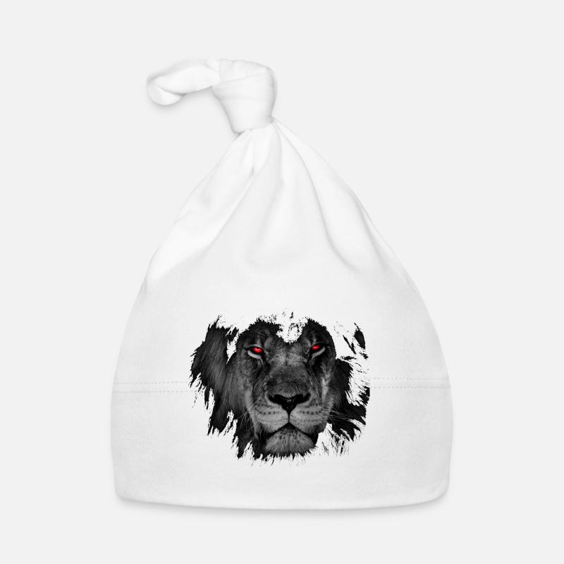 Lion in black and white with bright red eyes. Organic Baby Cap