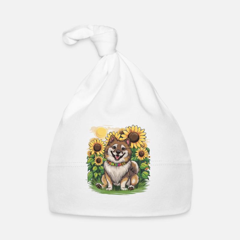 Niedlicher Wolfsspitz mit Sonnenblumen. Baby Bio-Mütze