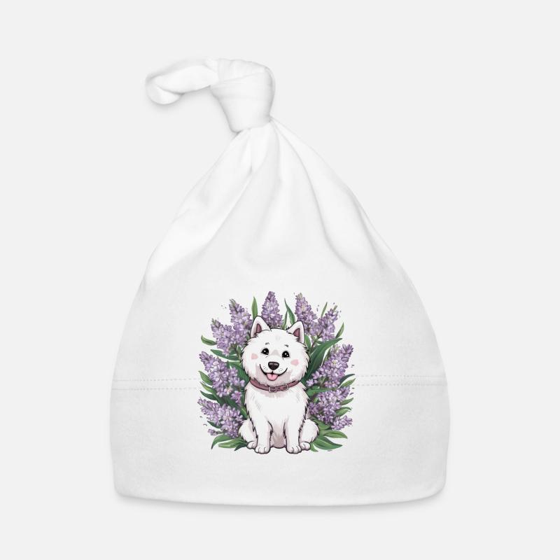 Süßer Samojede Spitz mit wunderschönem Flieder Baby Bio-Mütze