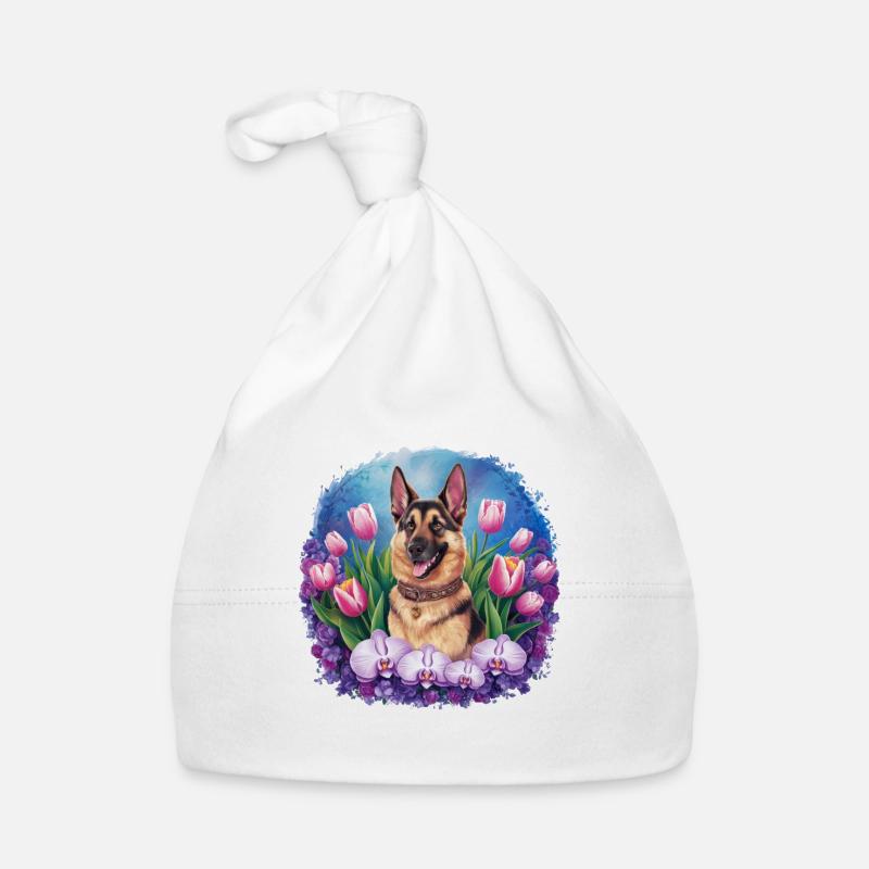 Cartoon Deutscher Schäferhund mit Orchideen Baby Bio-Mütze