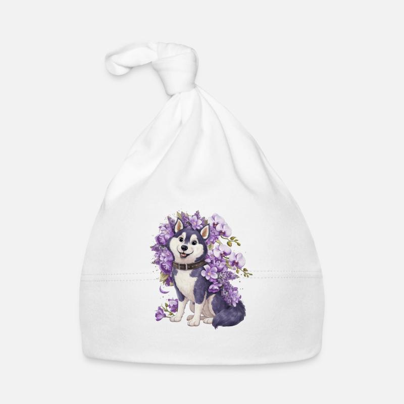 Mignon husky de dessin animé avec de jolies orchidées Bonnet bio Bébé
