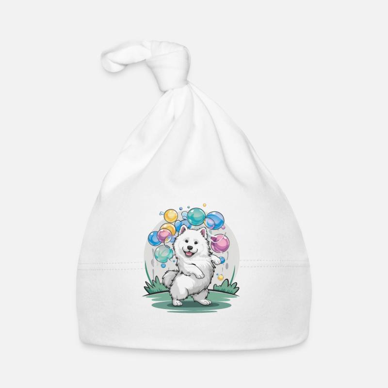 Chien Samoyède avec des bulles de savon Bonnet bio Bébé
