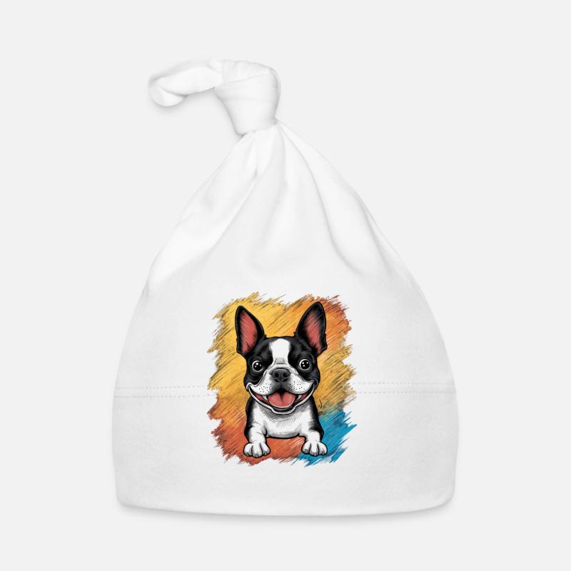 Mignon dessin animé Boston terrier avec des lunettes de soleil - Bonnet bio Bébé - blanc